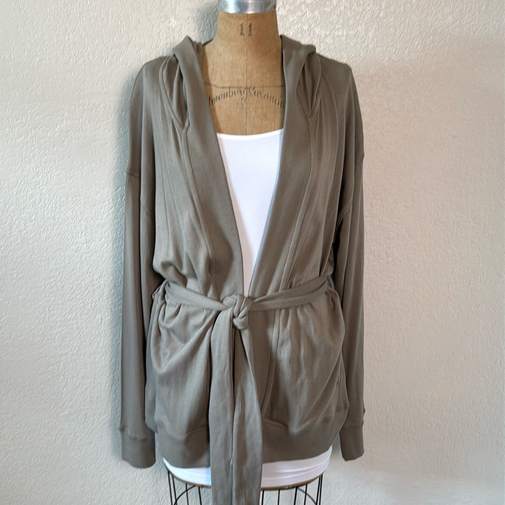 Mono B Women's Grey Green Jacket Hooded Tie Waist Belt Long‎ Sleeve Large NWT